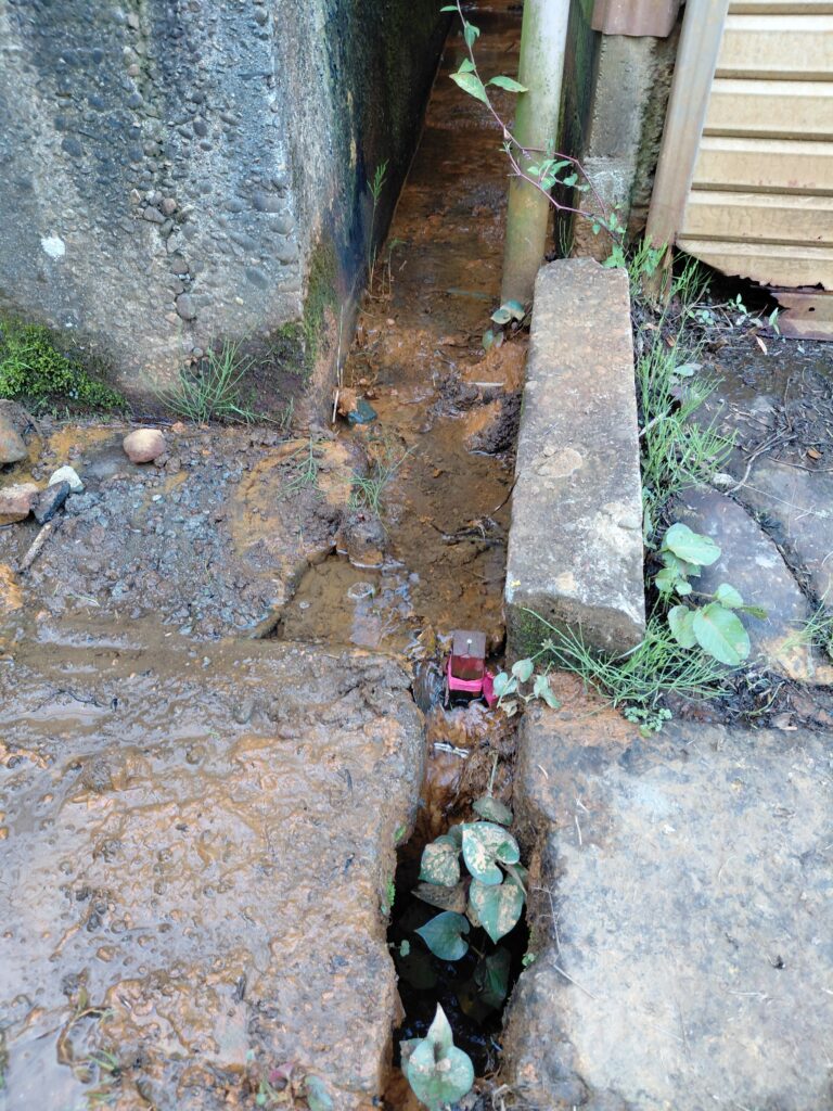 手前の新しく打たれた赤い杭から、奥のコンクリート斜面の途中に打たれたピンクのひもがついた釘へと斜めに続いている境界線。