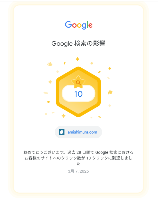 Google Search Console クリック10の通知メール