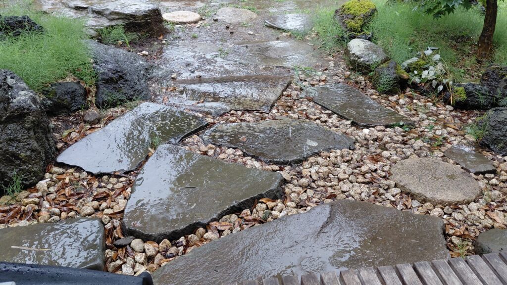 雨に濡れた巻の家の庭の石畳と自然の景観